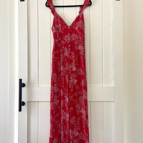 Free People Be the One Floral Wide Leg Jumpsuit EUC Red Combo Size 4 - Picture 1 of 12